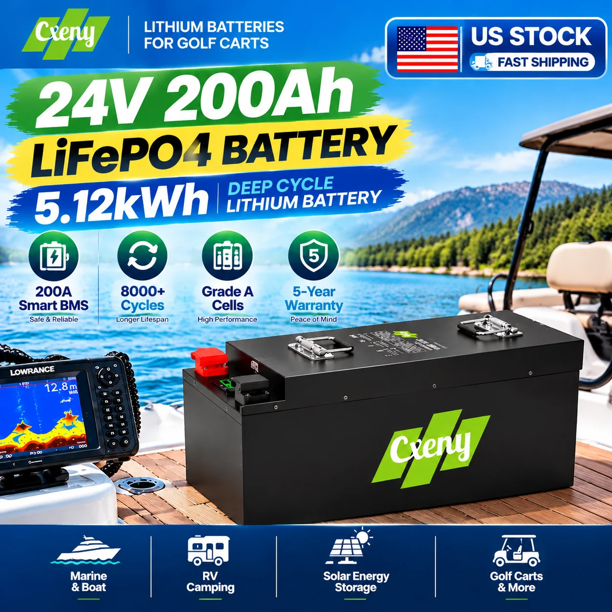 24V 200Ah LiFePO4 Lithium Battery 4800Wh 200A Smart BMS Grade A Cells 8000+ Cycles 5 Year Warranty US Stock