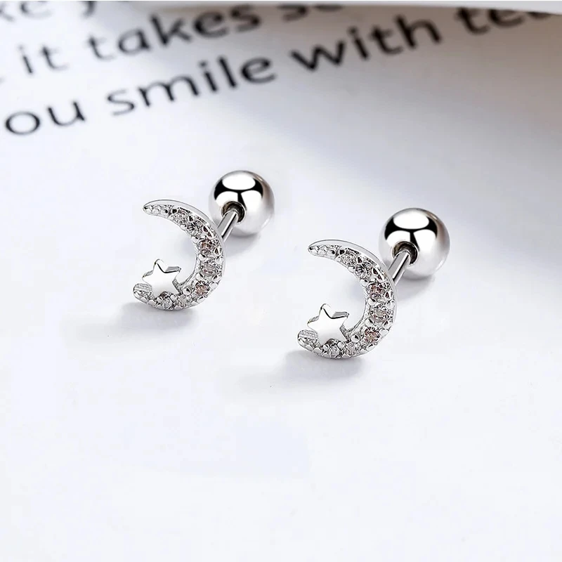 Korean Creative Zirconic Astronaut Piercing Screw Ball Stud Earrings For Women Girls Simple Moon Star Party Jewelry Accessories
