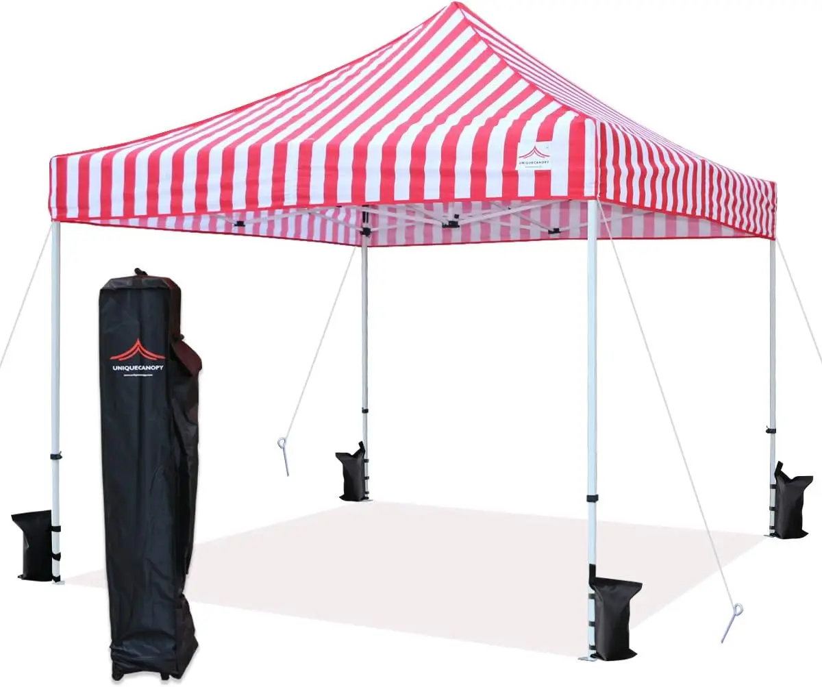 10'x10' Ez Pop Up Canopy Tent Commercial Instant Shelter with Heavy Duty Roller Bag 4 Canopy Sand Bags 10x10 FT Red White Strip