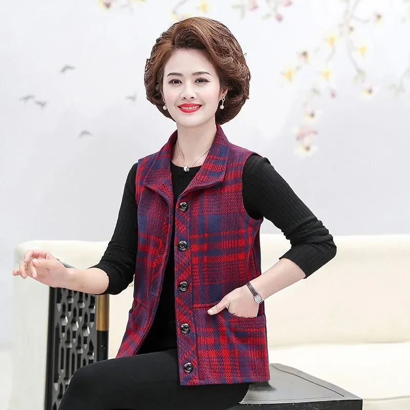 Autumn Women Large Size 5XL Lattice Sleeveless Jacket Middle Aged Mother Flip Collar Vest Outwear 2024 Mom's New Waistcoat Coat