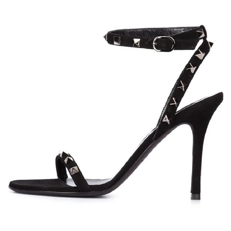 

Summer New Fashion Genuine Leather Rivet One Line Open Toe Sandals Slim High Heel Banquet Dress Versatile Large Sexy Women Shoes