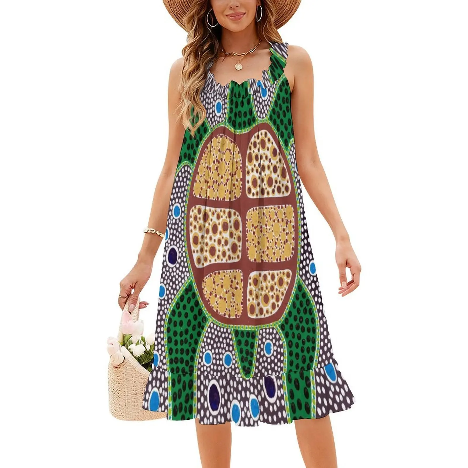 فستان بوهيمي بدون أكمام على شكل سلحفاة خضراء للنساء مطبوع عليه فساتين حفلات الشاطئ ملابس نسائية ريميارتية #4