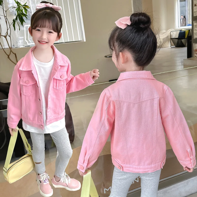 

Elegant Baby Girls Pink Denim Jacket Coat with Front Pocket for Toddler Child Jean Outerwear Jacket Overcoat Cardigan Outfit Top