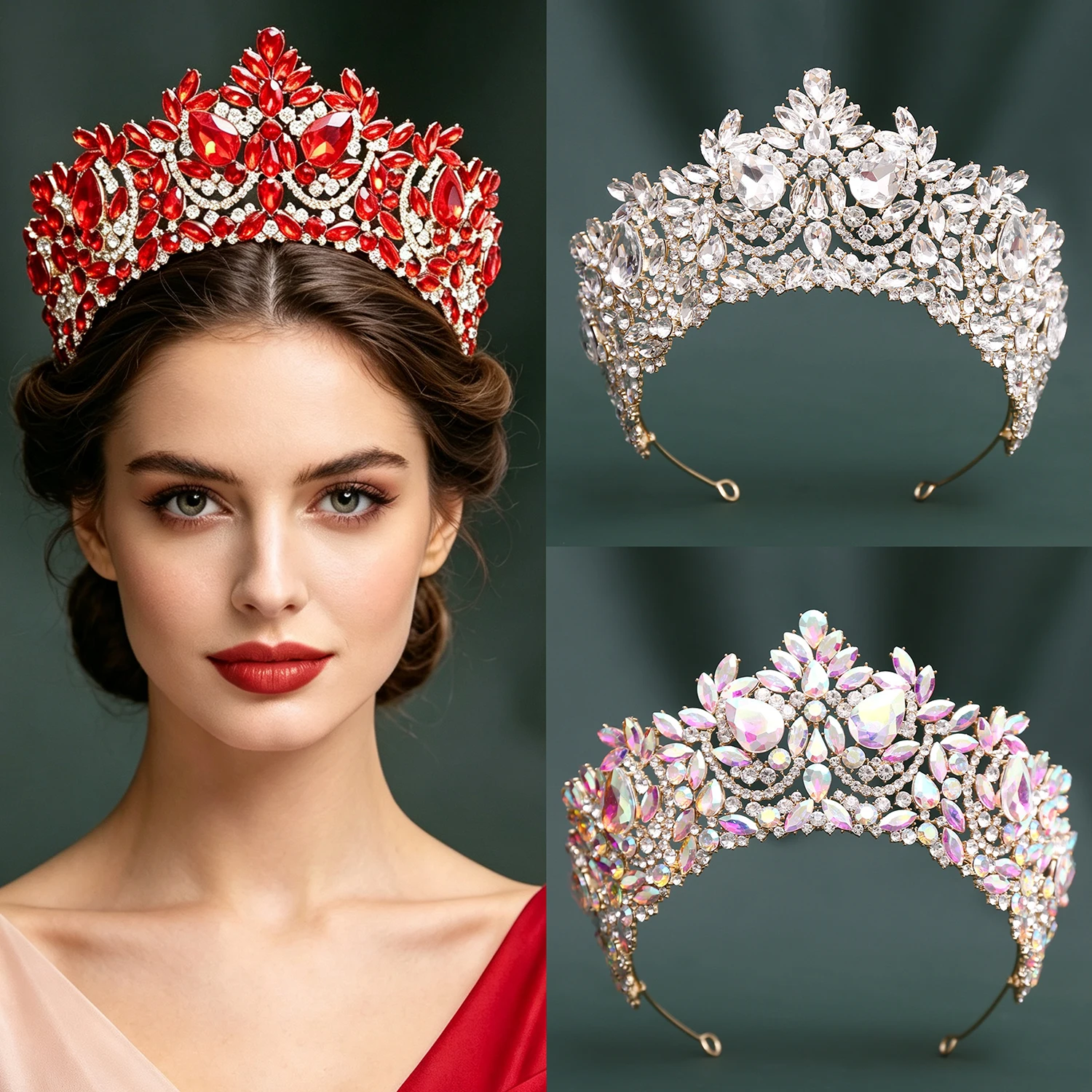 Luxury Large Red Crystal Pageant Crown Rhinestone Queen Tiara Bridal Wedding for Miss Competition Prom Gala Birthday Headpiece