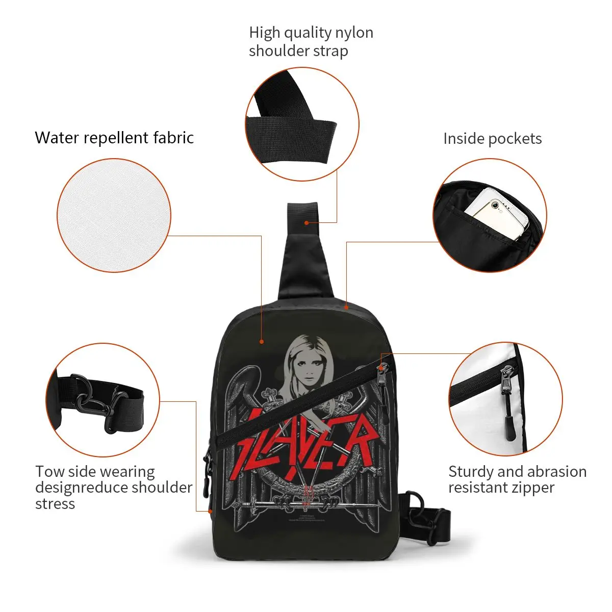 Custom Fashion Heavy Metal Rock Band Slayers Sling Bag for Cycling Camping Men Crossbody Chest Backpack Shoulder Daypack