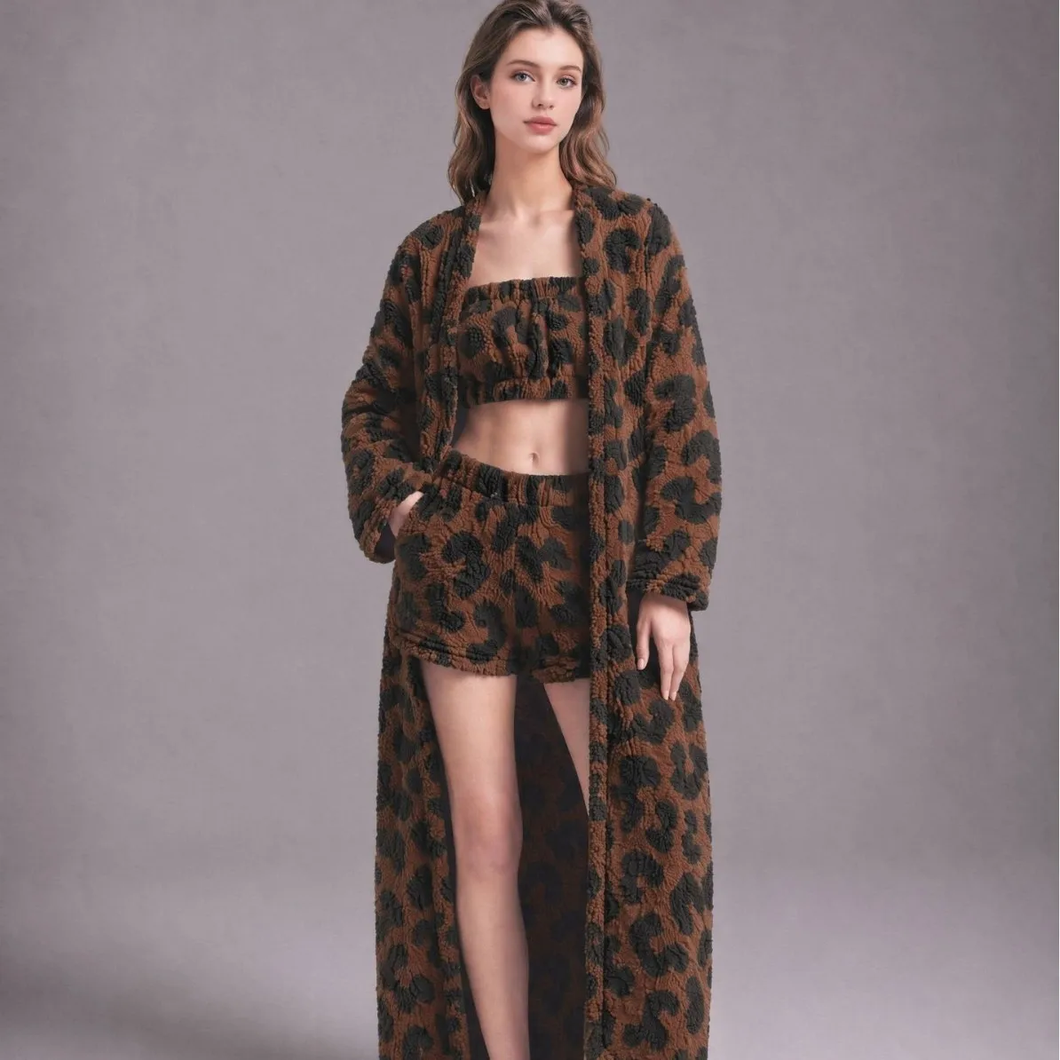 Women's Sexy Leopard Print Robe Autumn Winter Long Sleeve Velour 3PCS Sleepwear Lounge Gown Morning Coat