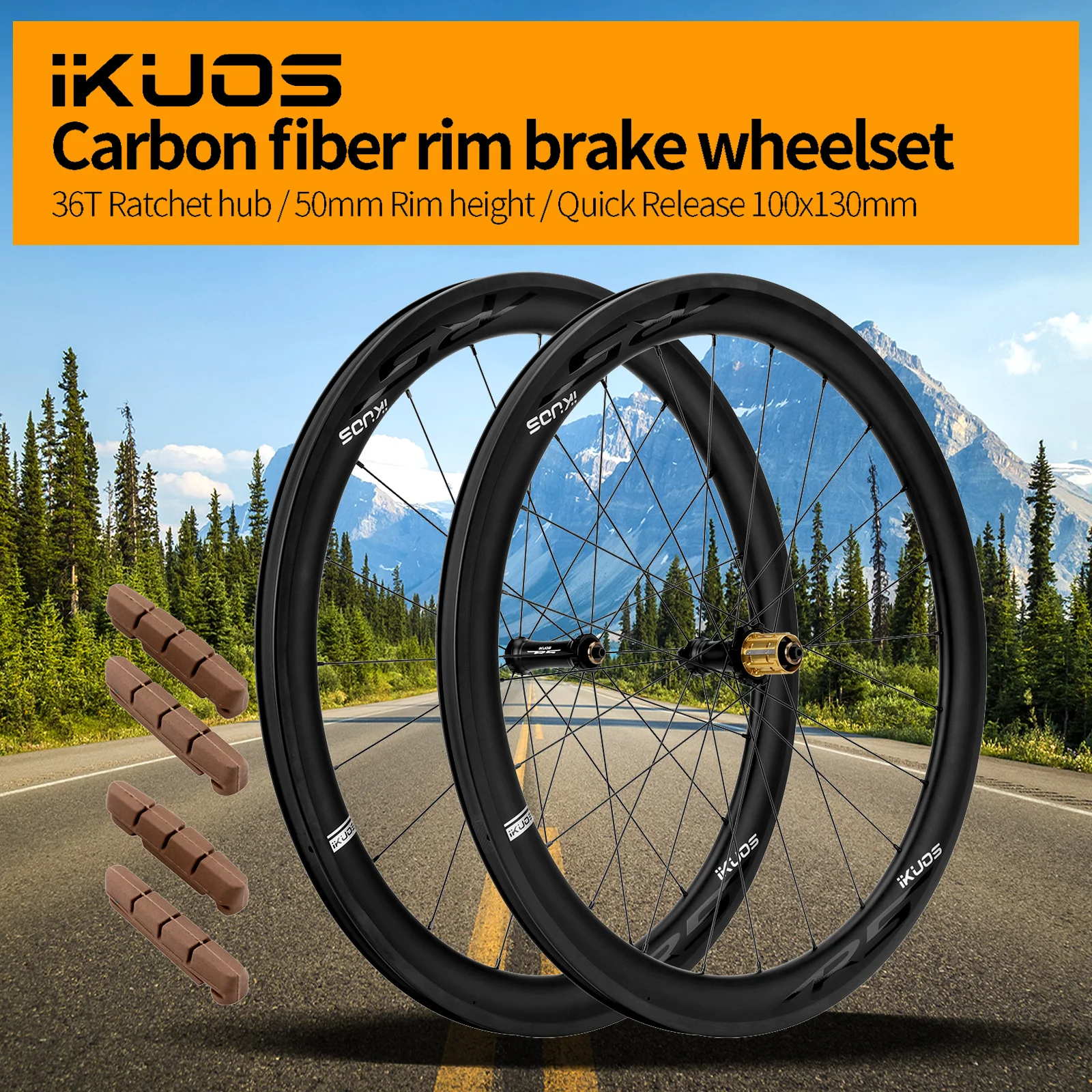

Колесный комплект IKUOS 700C для шоссейного велосипеда, карбоновые обода с тормозами, глубина обода 50 мм, быстросъемные втулки V-Brake