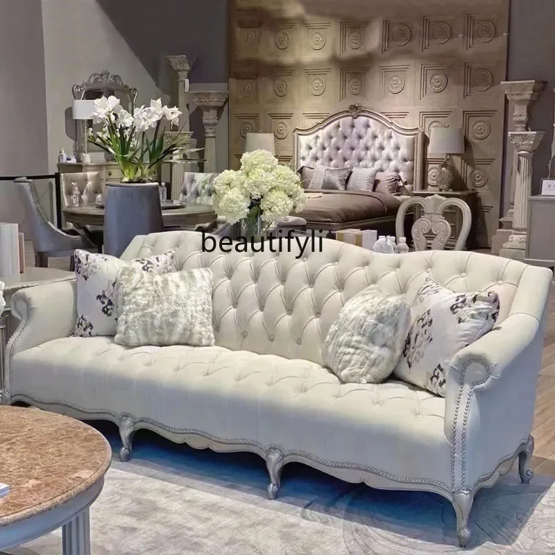 

B03 American style, furniture art sofa combination French retro solid wood carving flower living room three people, sofa