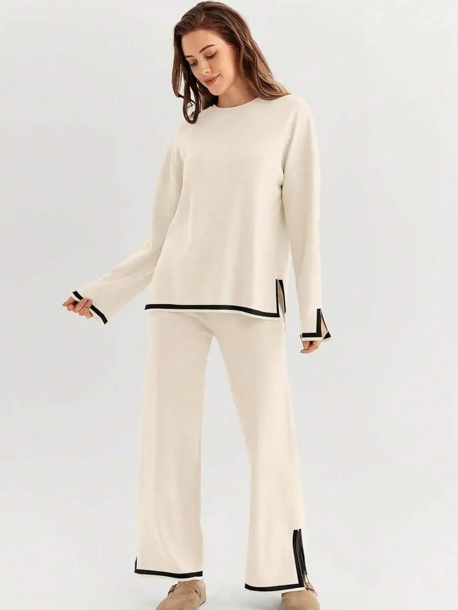 Women Fall 2 Piece Lounge Set Long Sleeve Sweater Wide Leg Pants