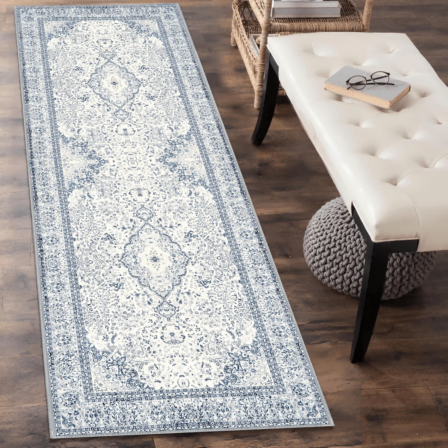 Vintage Medallion Runner Rug with Ornate Floral Scrollwork and Blue Framed Borders for Bathroom Floors and Vanity Areas as a Long Carpet for Guest Baths Hallways or Entryways with Elegant Home Accent Classic Interior Styling and a Housewarming Gift