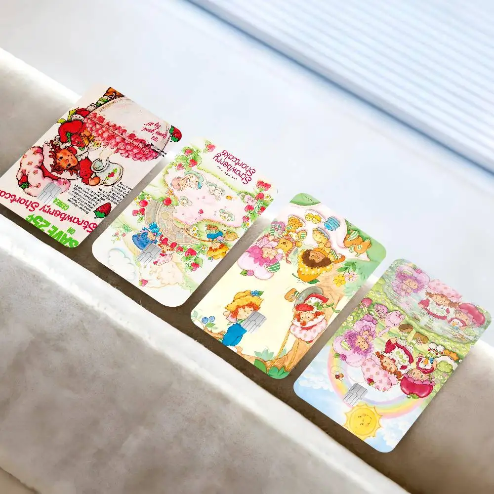 Pegatinas de dibujos animados de Strawberry Shortcake para tarjetas de crédito, pegatinas impermeables para tarjetas bancarias VISA, tarjetas de transporte, antiarañazos