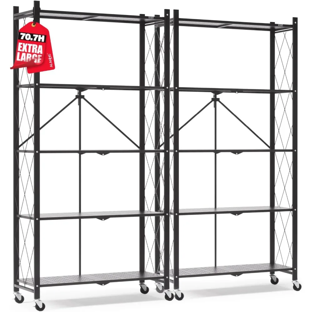 

70.7" H Metal Storage Shelves, 5 Tier Folding Shelf on Wheels, Heavy Duty, No Assembly, Rolling, Collapsible Rack Unit