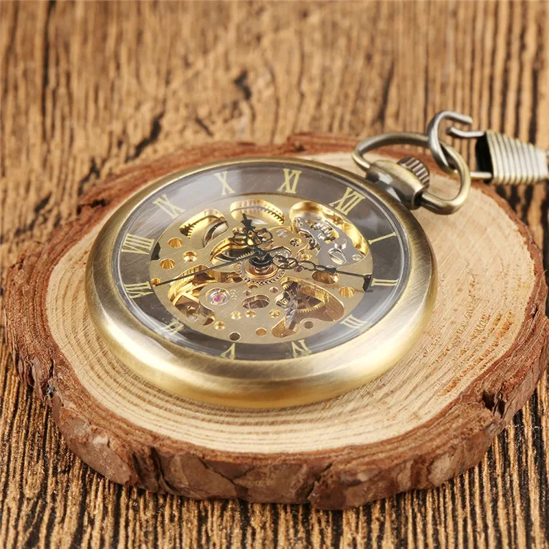 Bronze Antique Men Women Mechanical Hand Winding Pocket Watch Roman Number Fob Chain Skeleton Clock Relogio De Bolso