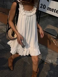 HOUZHOU Women Casual Sleeveless Ruffles Mini Dress White Boho Beach Sundress Cute Girl Home Dresses Loose Summer Dress Oversized