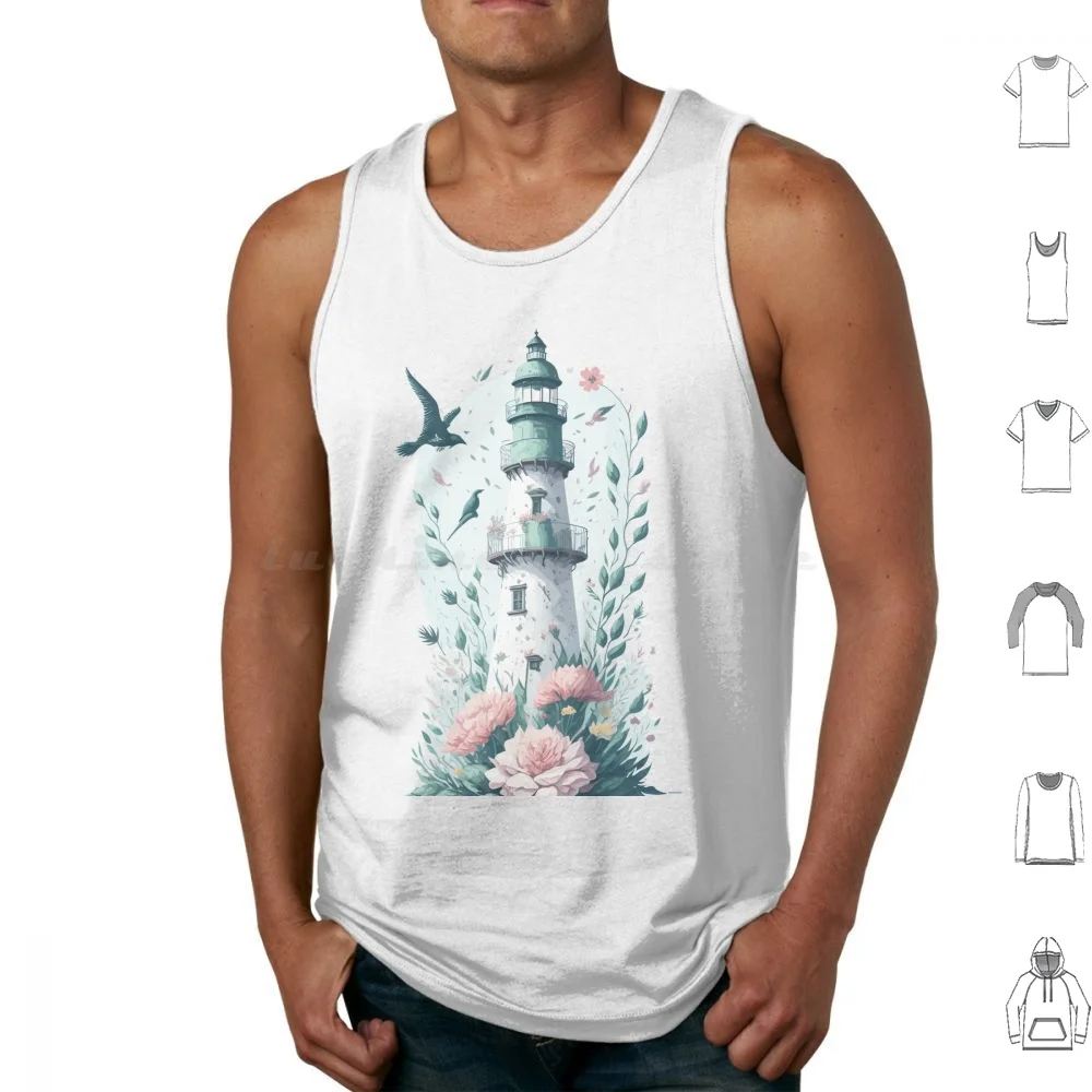 Vintage Lighthouse And Fantasy Flowers Tank Tops Vest Sleeveless Vintage Lighthouse Fantasy Flowers Clipart Whimsical