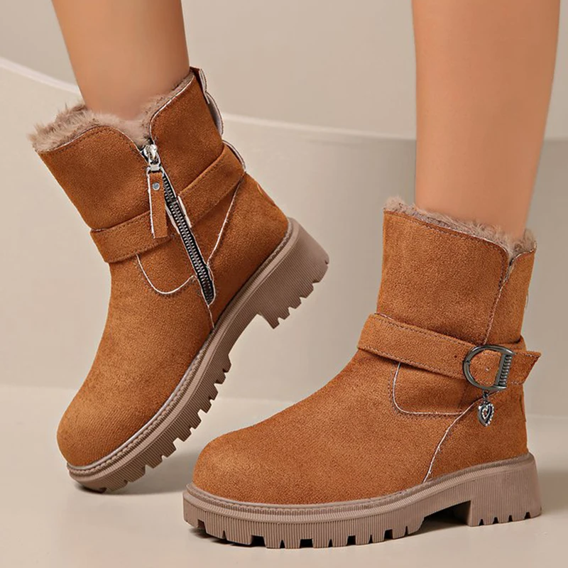 

British Style Faux Suede Snow Boots Women Buckle Detor Platform Women's Winter Boots Zipper Short Plush Warm Shoes Woman