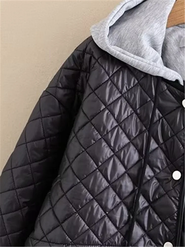 Plus Size Women\'s Clothing Autumn And Winter Jackets Hooded Long Sleeves Diamond Plaid Quilting Interlayer And Cotton Thickening