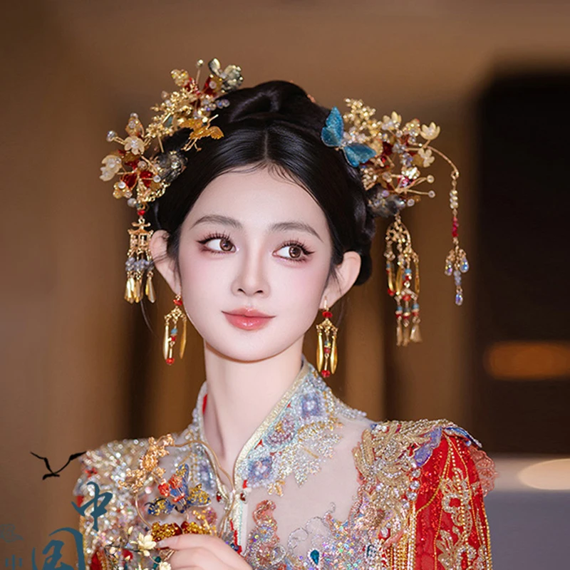 Handmade Bridal Headdress Chinese Vintage Red Blue Hairpin Fly Crane Butterfly FlowerTassel Classic Xiuhe Suit Wedding Hairwear