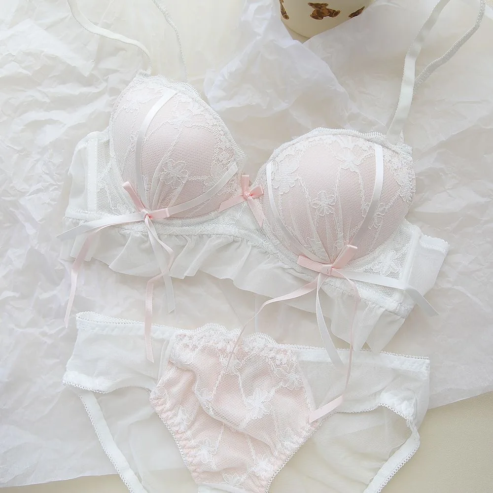 Korean Style Push Up Bras and Panty Set for Women Lace Mesh Non Wire Bras Bralette Mujer Sexy Lingerie Set Lenceria