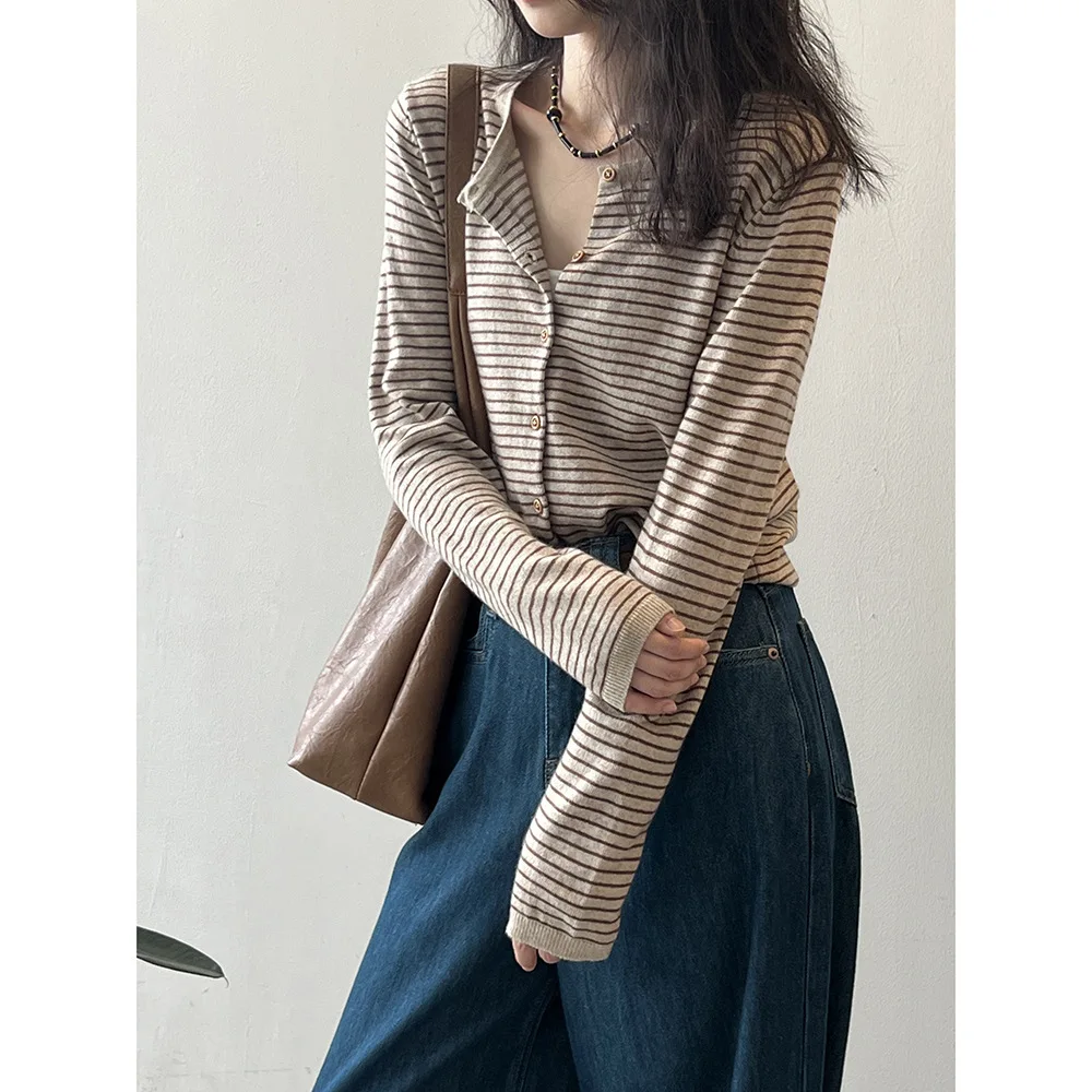 

Color-block Striped Knitted Cardigan For Women Fall Round Neck Sweater Coat