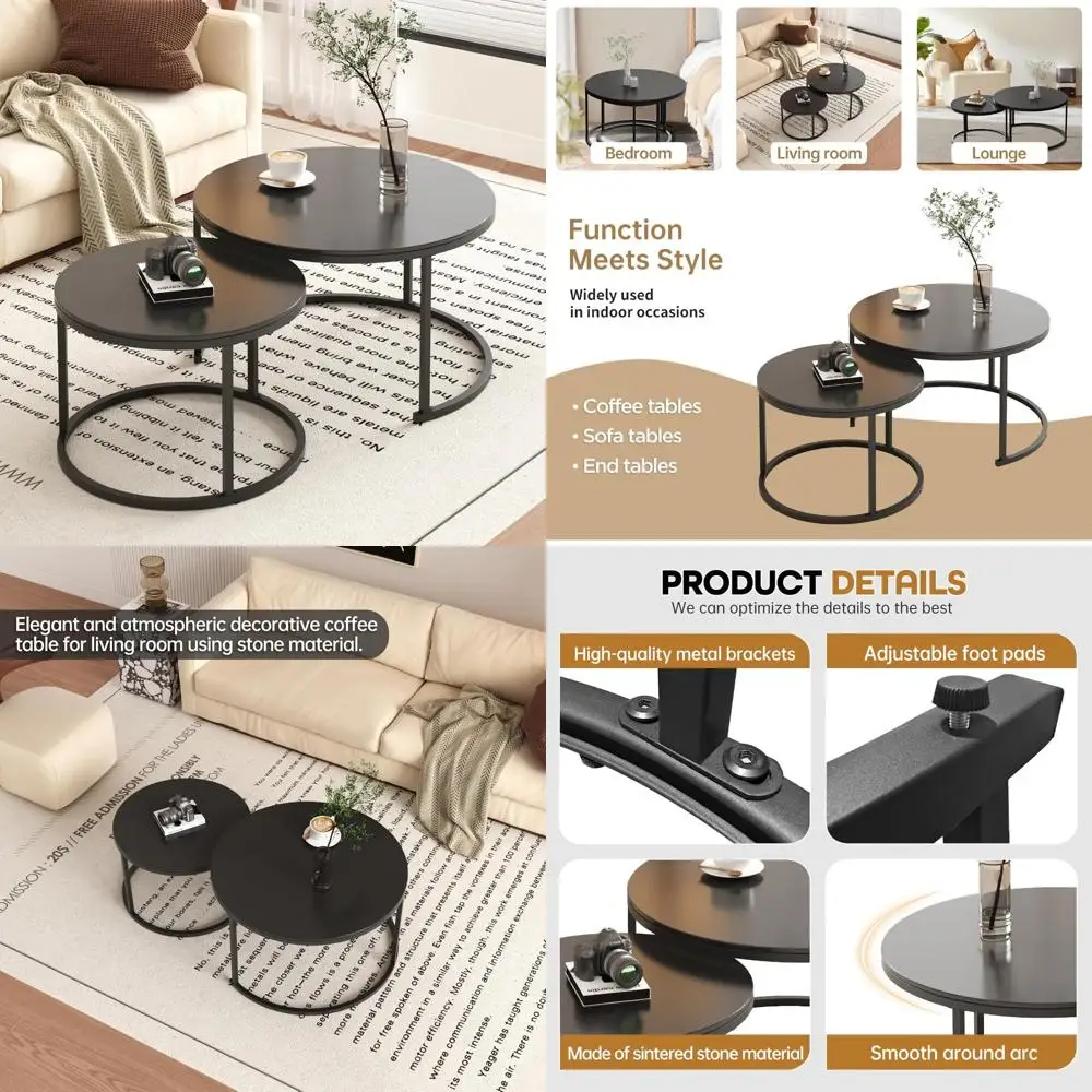 

Black Contemporary Coffee Table Set for Living Room: Two-Piece with Sintered Stone Tops and Durable Metal Bases