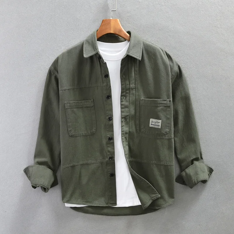 Japanese Retro Cargo Shirt Man Spring and Autumn Casual Long Sleeve Green Shirt Men Pure Cotton Double Pocket Tops Loose Shirts