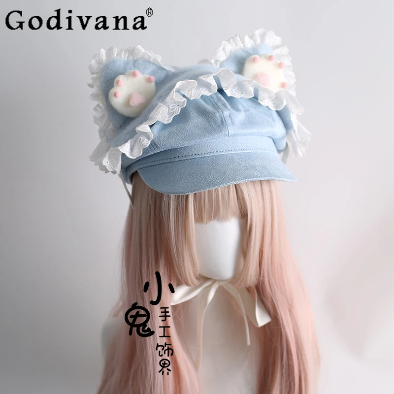 

Японский оригинальный Y2K субкультура кошачьи уши мультфильм милый берет с кошачьей лапой милая шляпа для девочек