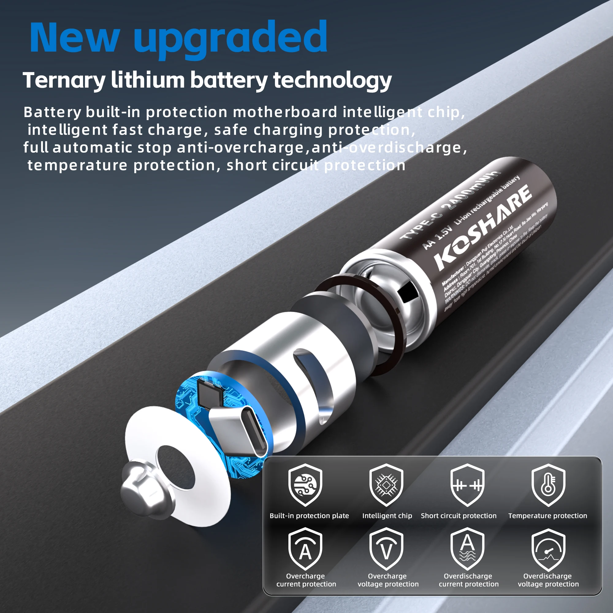 

KOSHARE AA 1.5V Li-ion Rechargeable Batteries 2400mWh USB Type-C Lithium AA Battery For Remote Control Keyboard+Type-C Cable