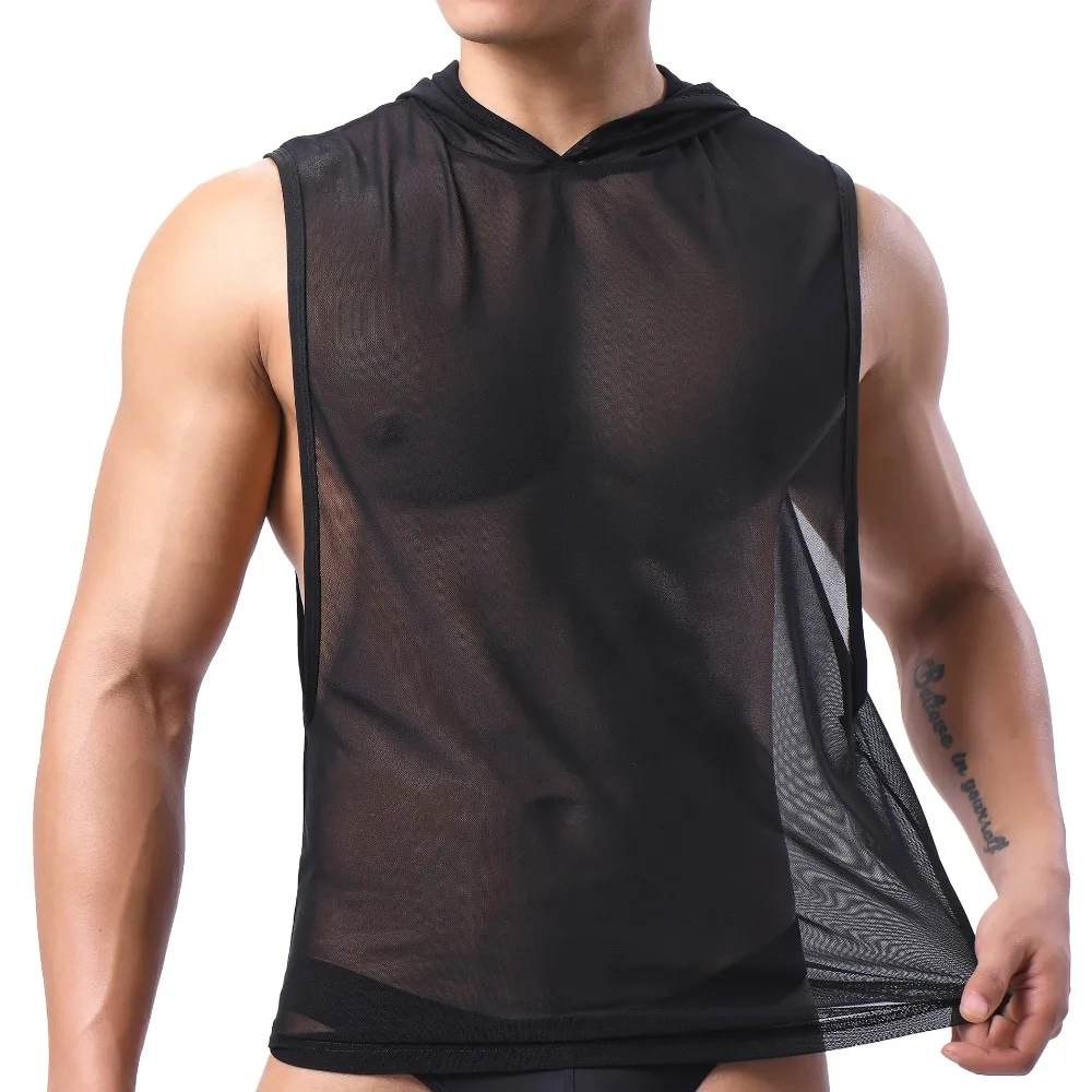 Sexy Casual Men's Hooded Tank Tops Undershirts Mesh See-Through Sleeveless T-Shirts Loose Breathable Vests for Daily Workout