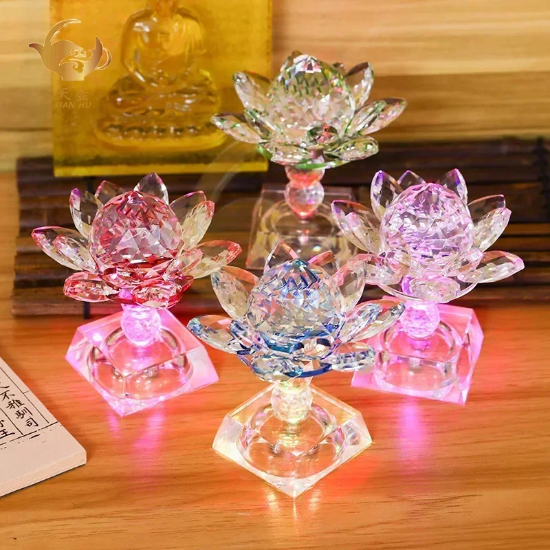 Crystal Lotus Lamp Ornaments Home Lotus Candlestick Ghee Lamp 360 ° Rotating Crystal Base Buddha Tribute Long Light Christmas