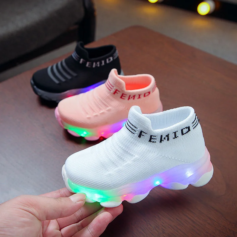 Kids Sneakers Children Baby Girls Boys Letter Mesh Led Luminous Socks Sport Run Sneakers Shoes Infant Light Up Shoes