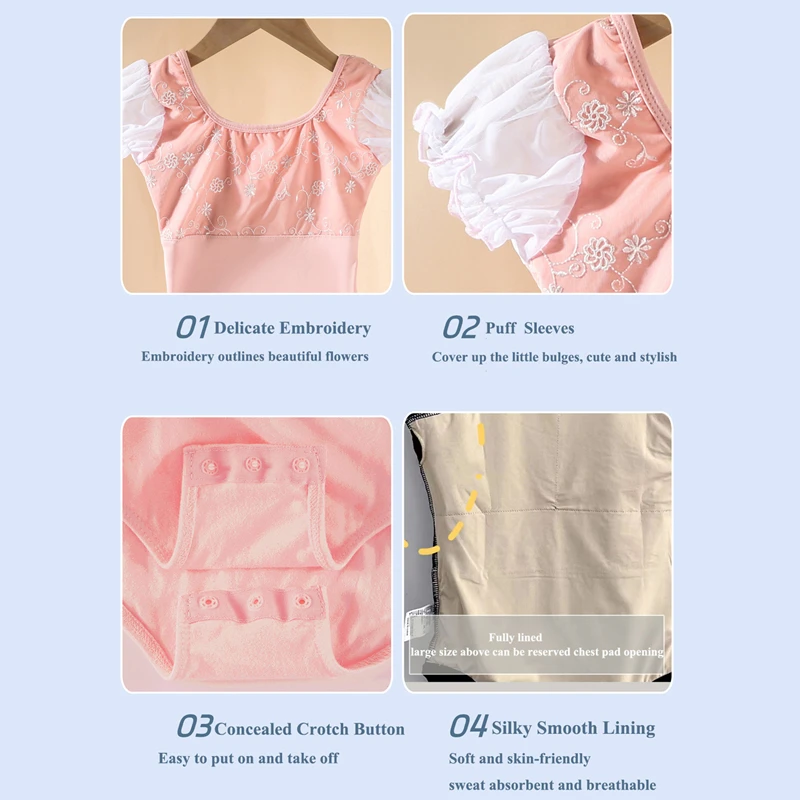 Girls Ballet Leotards Classical Short Sleeve Gymnastic Ballerina Outfit Stretch Puff Sleeves Bodysuit Elegant Toddler Dance Wear