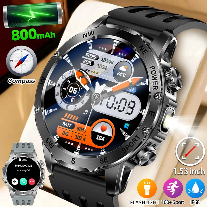 LIGE Новые мужские умные часы с супер емкостью 800 мАч, 1,53 дюйма, HD, Bluetooth, компас, светодиодный фонарик, IP68, спортивные умные часы для мужчин