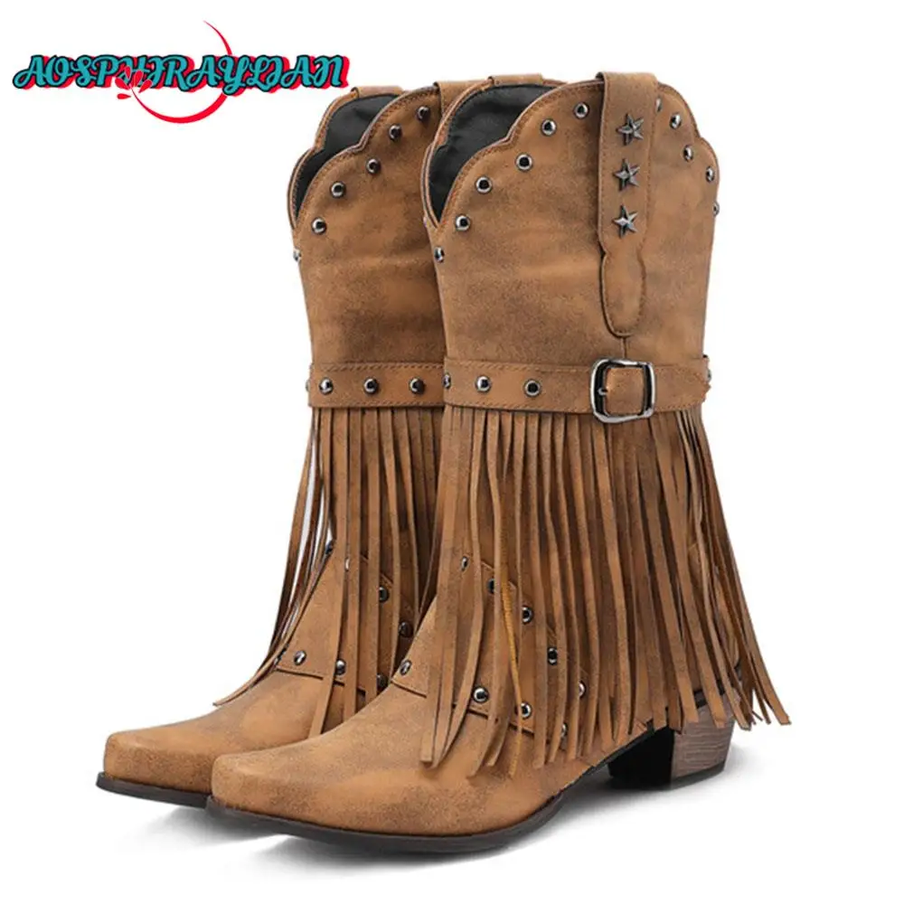 

AOSPHIRAYLIAN 2023 Western Punk Cowboy Boots For Women Tassels Fringes Retro Boots Cowgirl Women's Shoes Boots