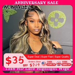 Wow anjo 1b27 ombre destaque colorido 250% cabelo humano perucas frontais do laço onda do corpo 13x6 hd frente do laço pré arrancadas perucas para mulher