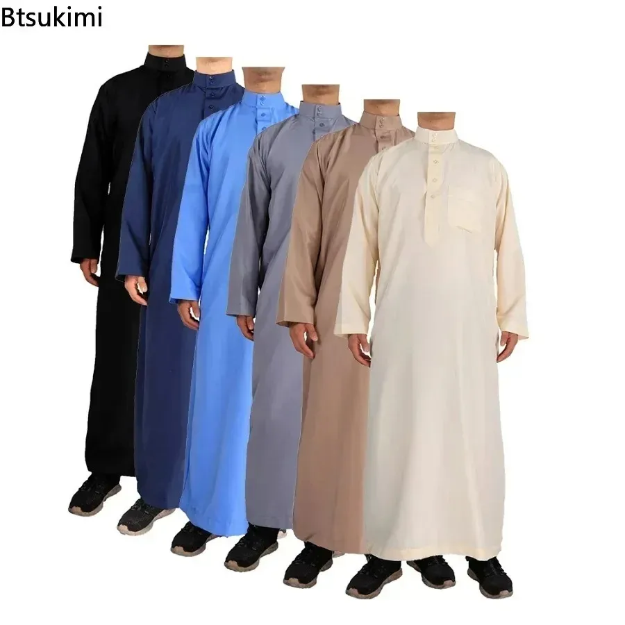 New 2024 Muslim Middle East Men Long Sleeve Arab Crew Neck Islamic Solid Color Kaftan Maxi Dubai Long Jubba Thobe Abaya Clothes