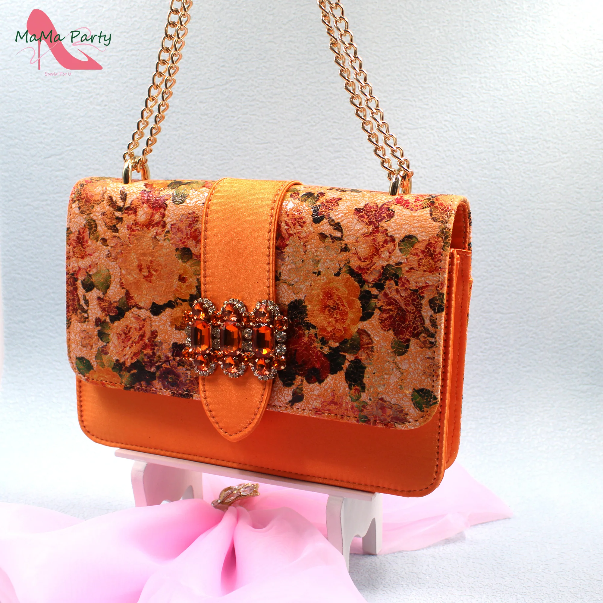 Orange New Arrivals 2024 Summer High Quality Design Flower Pu Leather Italian Women Shoes and Bag Set for Dress