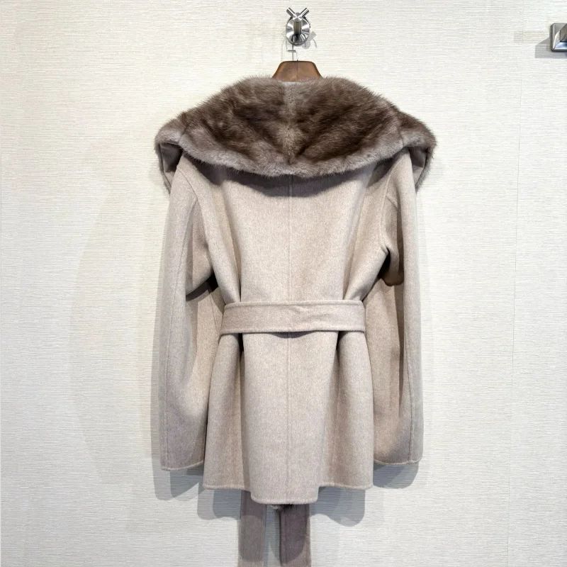 New Oversized Fur Collar Double Face Cashmere Short Coat Women Fall Winter 2026 Robe Style Waist Belt Warm and Cozy Outerwear