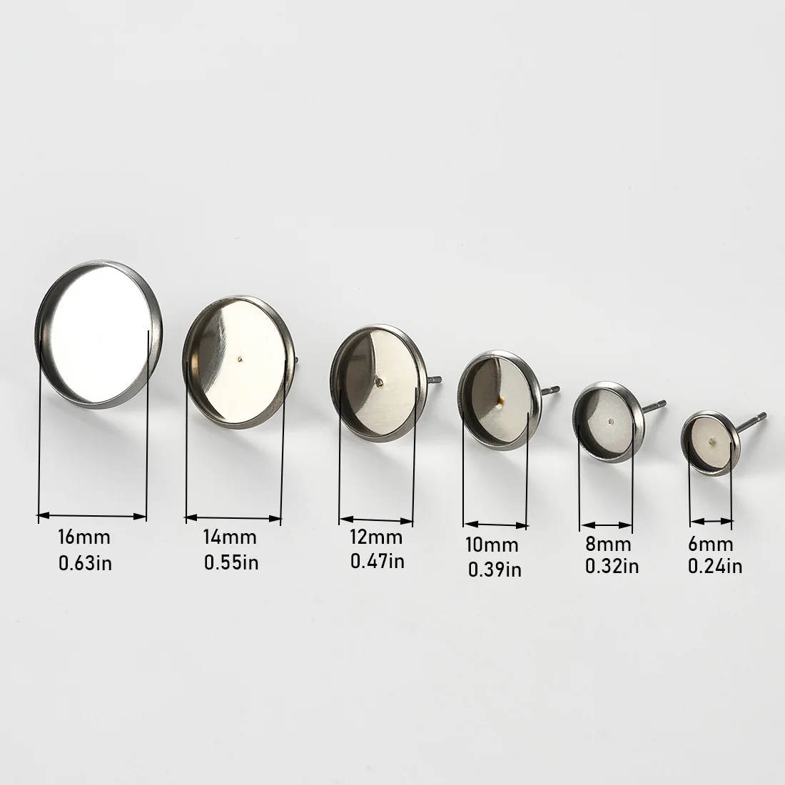 20Pcs Stainless Steel Flat Round Ear Studs Cabochon Setting Post Cup 6/8/10/12/14/16MM Blank Bezel Tray For DIY Earring Jewelry