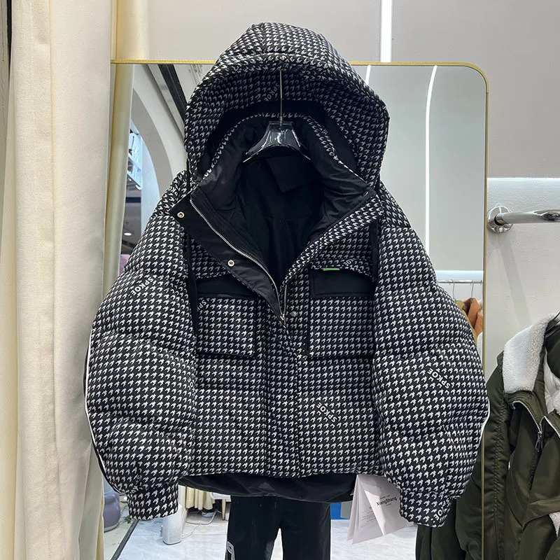 Houndstooth Short Puffer Down Jacket Women\'s Winter 90% Duck Down Coat Hooded Female Feather Parka