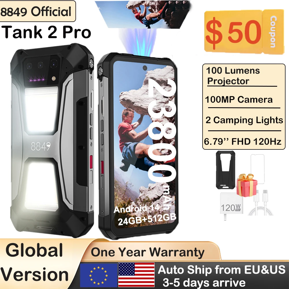 8849 Tank 2 PRO Robustes Smartphone mit Projektor 6,79 Zoll 2,4K-Display 24 GB 512 GB Mobiltelefon 23800 mAh 120 W Android 14 Telefon