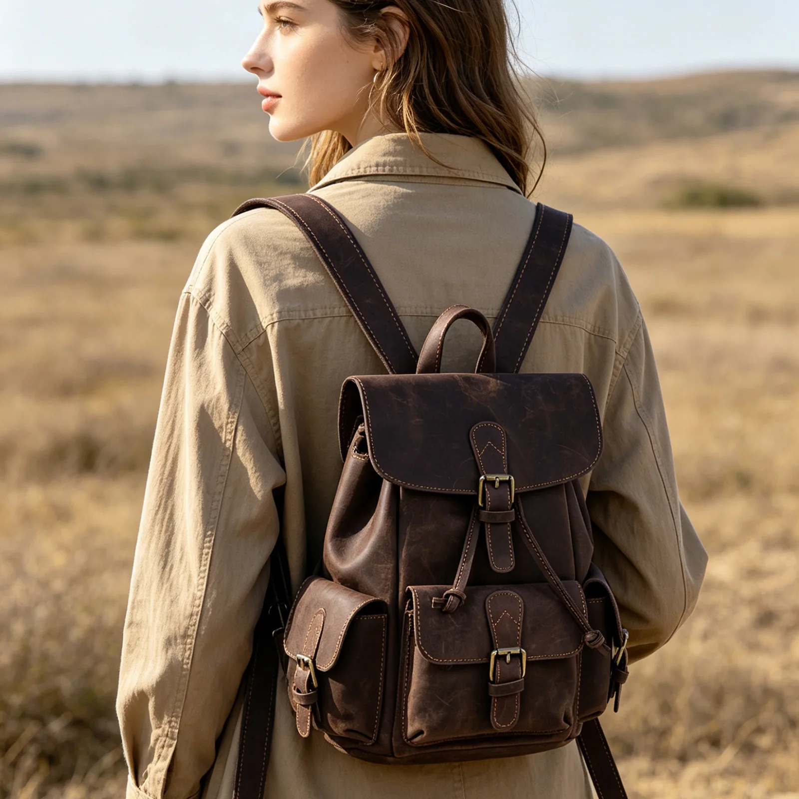 S.WORKER Vintage Echtleder-Rucksack für Damen, Reise-Vintage-Mini-Crazy-Horse-Schultasche, Schultertasche aus Rindsleder – Detail 5