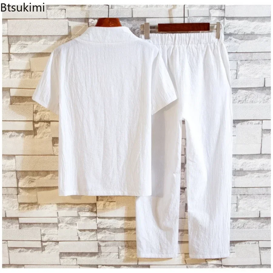 New 2025 Summer Short Sleeve T-Shirts+Long Pants Sets Solid Color Tracksuit Men Clothing Streetwear Male Casual Drawstring Suits