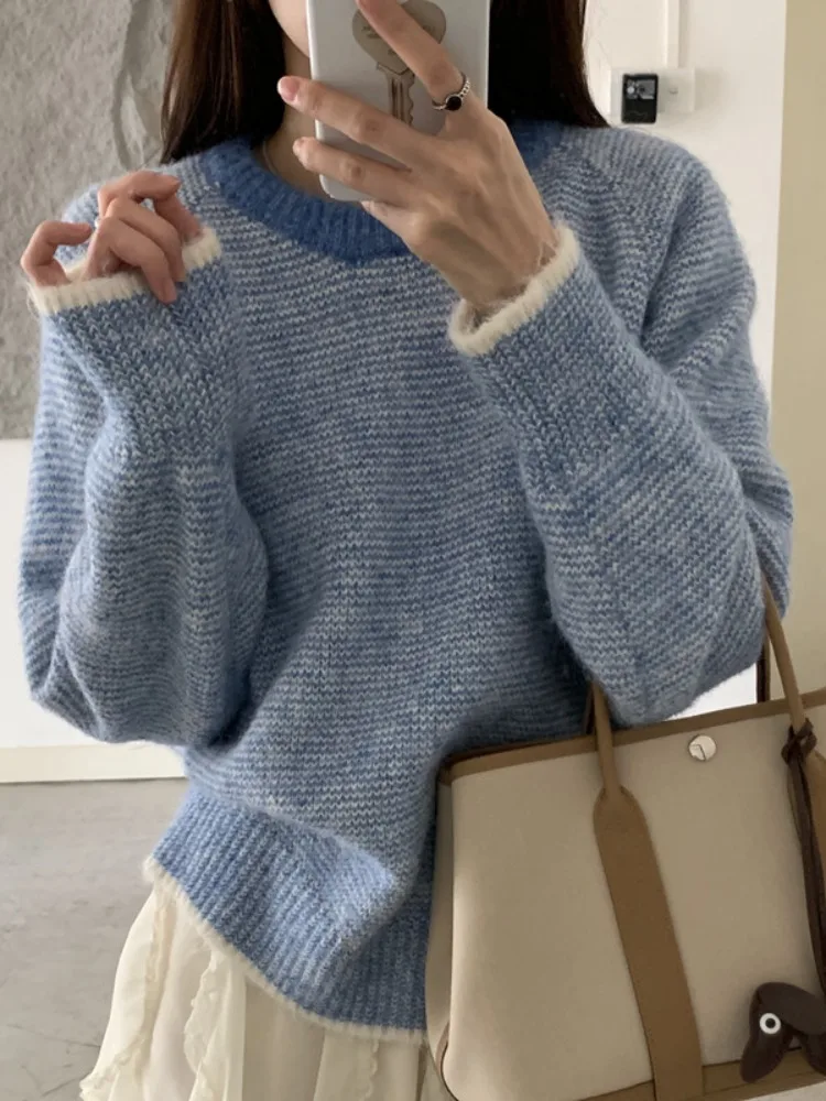 เสื้อสเวตเตอร์ไหมพรมถักลายทางสีตัดกัน สไตล์ลำลอง นุ่ม สบาย ทรงหลวม ยาว สำหรับผู้หญิง รุ่น Winter Thiened