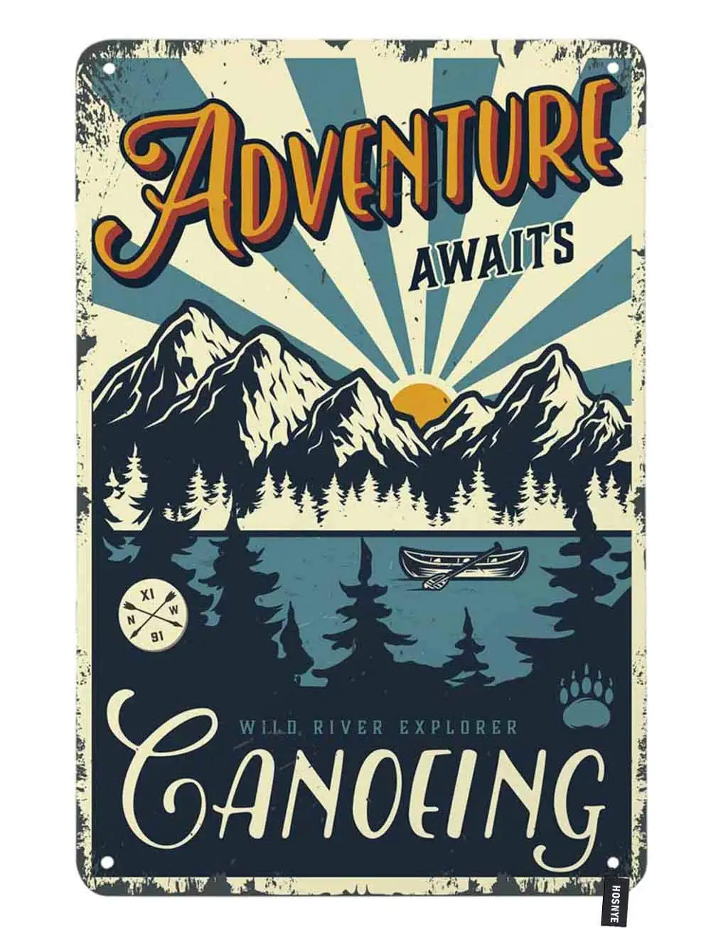 HOSNYE Adventure Awaits Tin Sign Poster with Canoe Boat on Forest and Mountains Landscape Vintage Metal Tin Signs for Men W sign