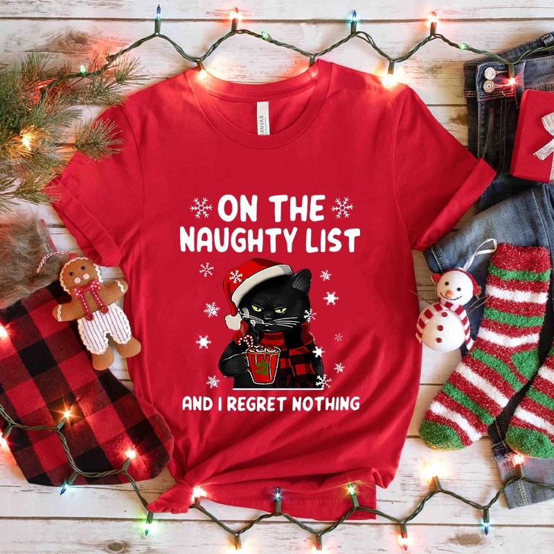 Funny Men T-shirt on The Naughty List, and I Regret Nothing Tops Black Cat Xmas Tshirts Casual Merry Christmas Casual Tshirts