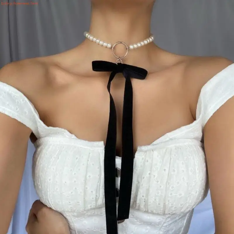 F92D Fashion Temperament Tassels Jewelry Novel Exaggerated Necklace Simulated Pearl Flannel Combination Bowknot Necklace