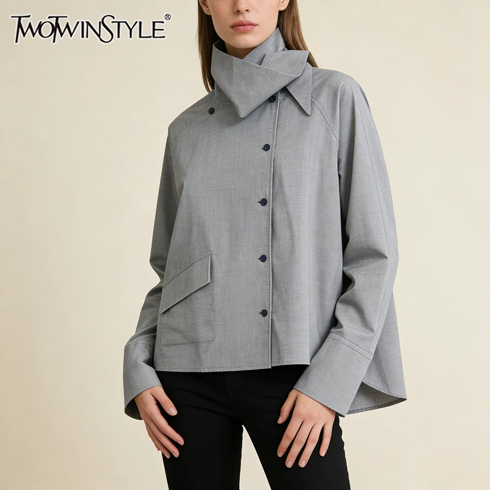 

TWOTWINSTYLE Minimalist Casual Style Gray Oversized Shirt for Women Stand Collar Long Sleeve Buttons Accent for Office Commute