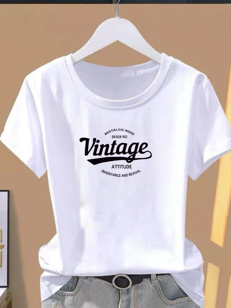 

Fashionable Casual Style Letter Print Short Sleeve T-Shirt Women's round Neck Loose Fit Summer Top Elegant Mommy Wear