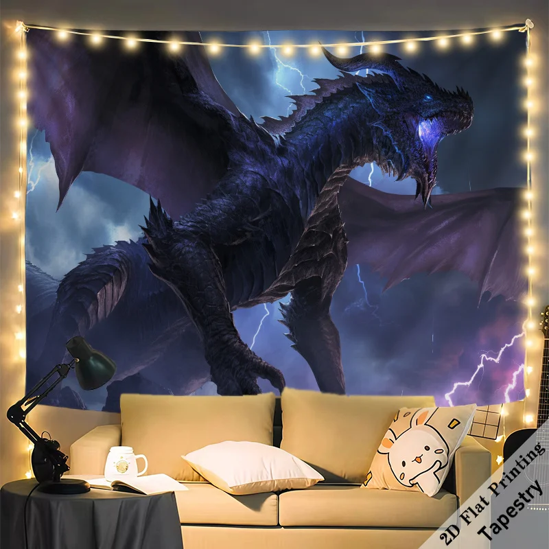 Large Epic Dragon Tapestry Wall Hanging Fantasy Art Decor Gothic Mythology Storm Creature Room Decor Print 180x280cm